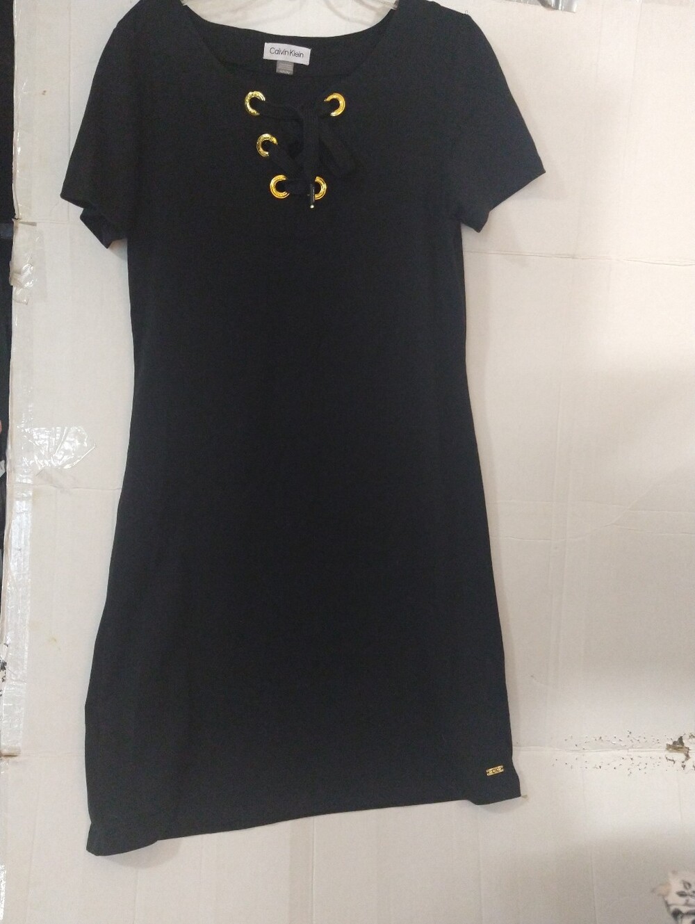 Calvin Klein Black Short Sleeve Stretch Cotton Dress with Gold Eyelets Tie-up
